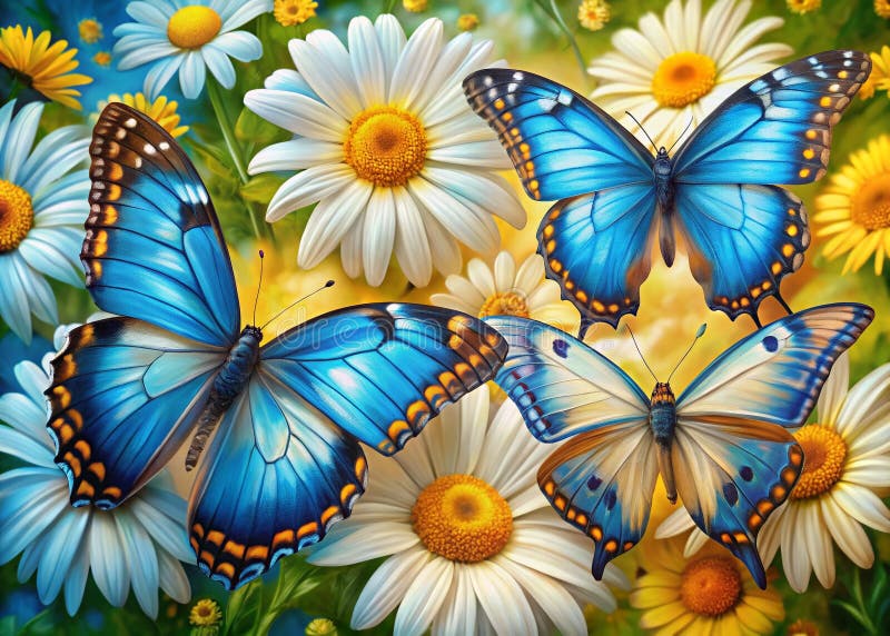 Captivating Oil Painting Azure Morpho Butterflies Dance Among Delicate Daisy Blooms stock illustration