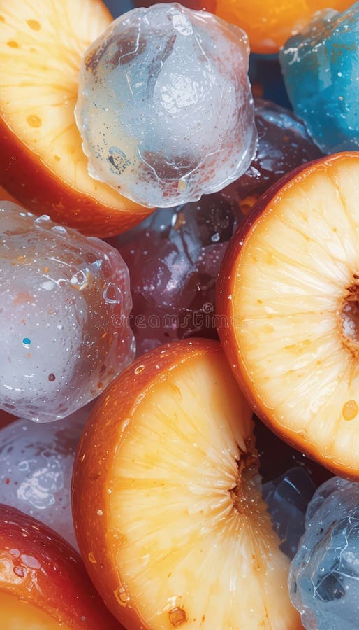 Overhead View of Peaches and Unique Ice Cubes Vertical Composition stock image