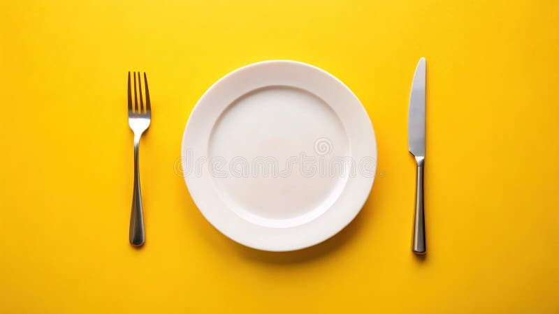 Minimalist White Plate with Cutlery on a Vibrant Yellow Background A Modern Food Photography Mockup for Restaurant royalty free illustration