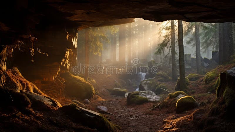 Sunlit Cavern In The Forest: A Stunning 32k Uhd National Geographic Photo royalty free stock photo