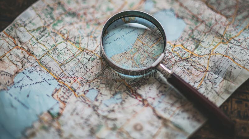 A captivating photo illustrating the principle of navigation, featuring an open map and a magnifying glass. Generative AI royalty free stock photos