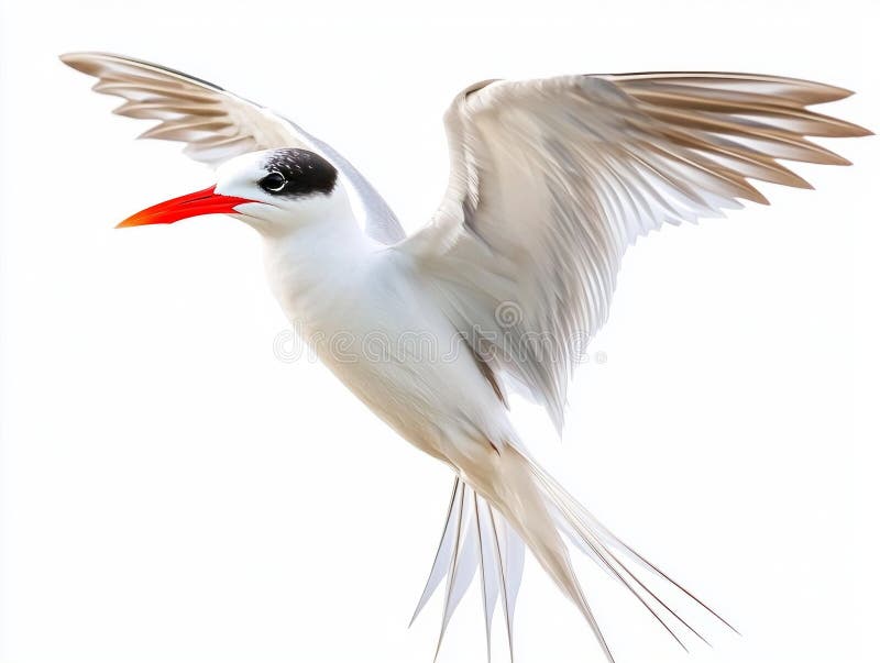 Captivating roseate tern gracefully soars, its long tail feathers trailing behind, highlighting the beauty of avian stock photography