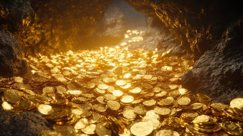 Endless stream of golden coins in a glowing cave royalty free stock image