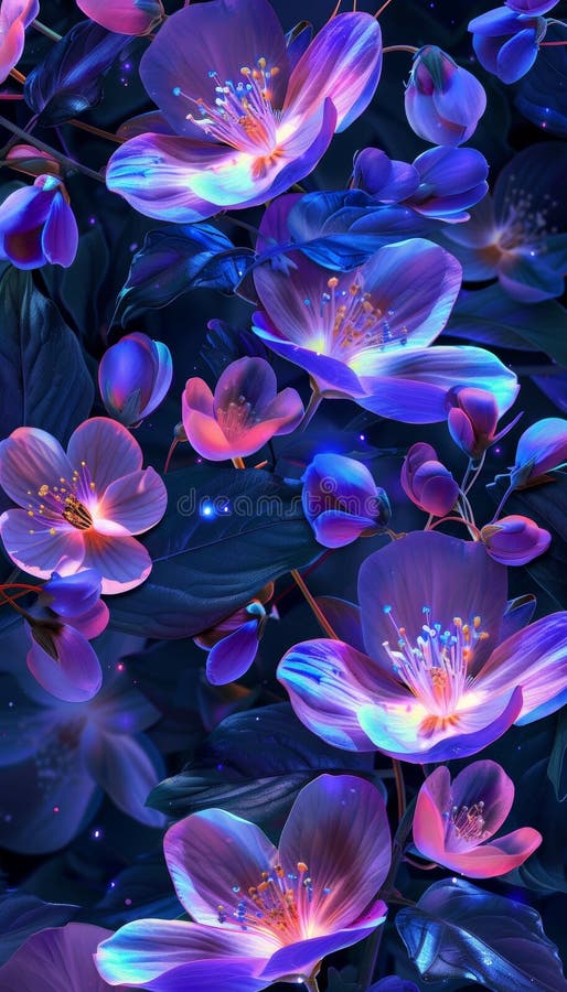 Captivating seamless design featuring enchanting neon purple flowers for a magical visual experience stock illustration