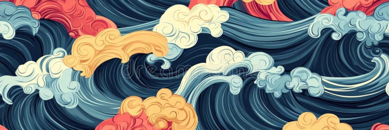 This captivating seamless pattern features abstract waves in vibrant shades of blue red yellow and white The design evokes royalty free illustration