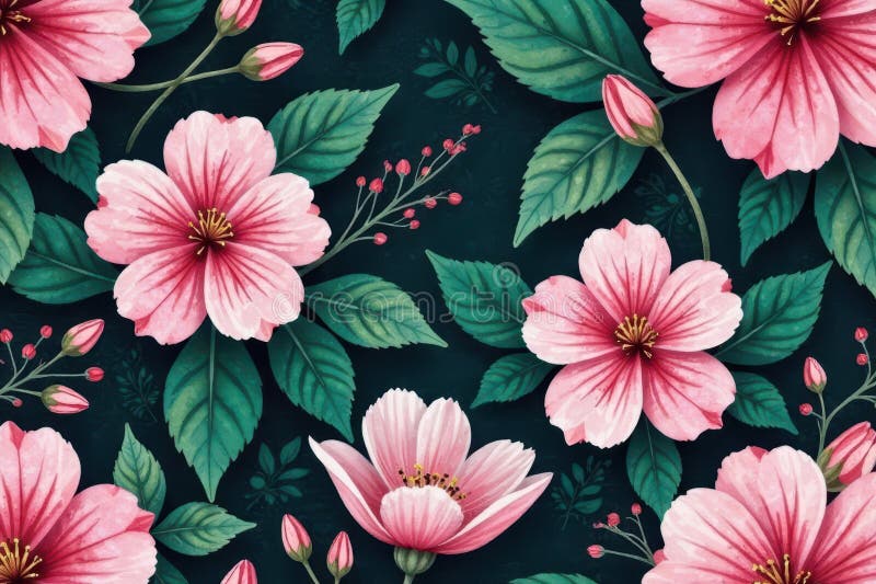 A captivating seamless pattern featuring delicate pink blossoms and lush green foliage, ideal for textile design and artistic vector illustration