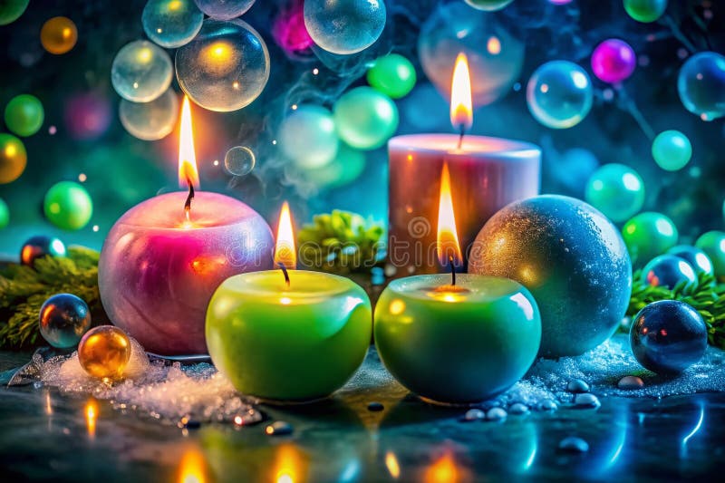 Enchanting Double Exposure Still Life Pastel Candles Mystical Orbs and Atmospheric Ambiance vector illustration
