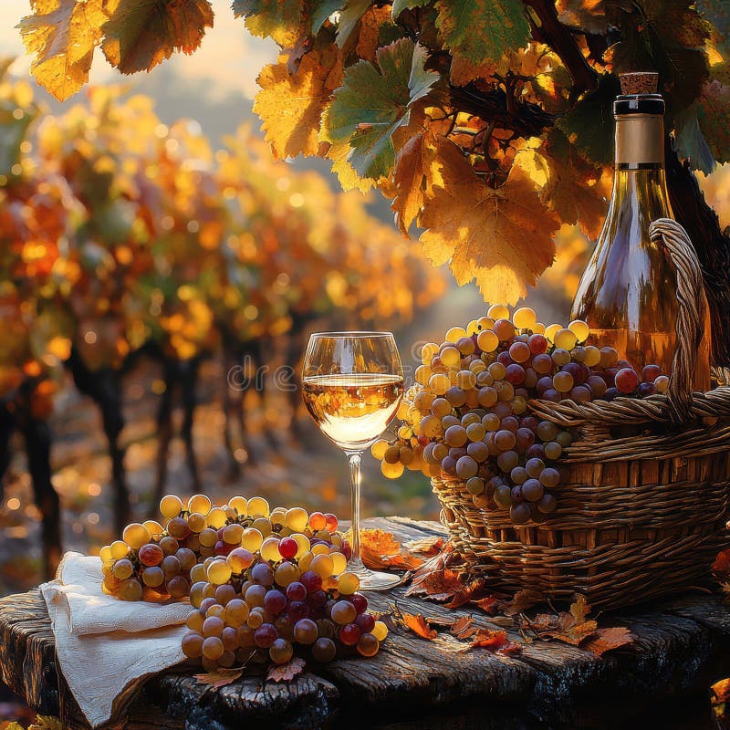 A captivating stock photo showcasing wine production, featuring ripe grapes, a bottle of wine, and an empty glass Warm stock photos