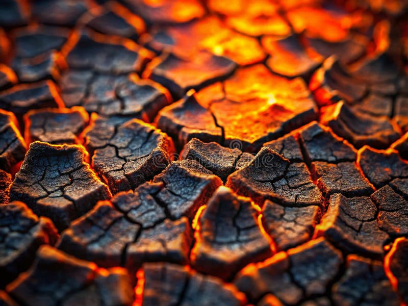 Intriguing Miniature Photography A Tilted Perspective on a Cracked Burned Orange and Black Surface. This captivating tilt-shift miniature photograph unveils a mesmerizing perspective on a textured surface. The image showcases a unique interplay of dark orange and black, with intricate cracks and patterns that evoke a sense of aged or burned material. The shallow depth of field, characteristic of tilt-shift photography, creates a miniature world where the focus is meticulously controlled