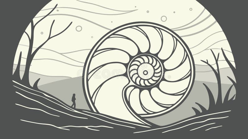 Nautilus Shell in Dark, Ethereal Forest Landscape, vector design Generative AI stock illustration