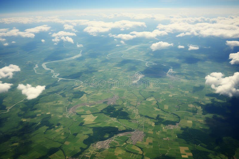A captivating view clouds and green fields from a plane Generative AI