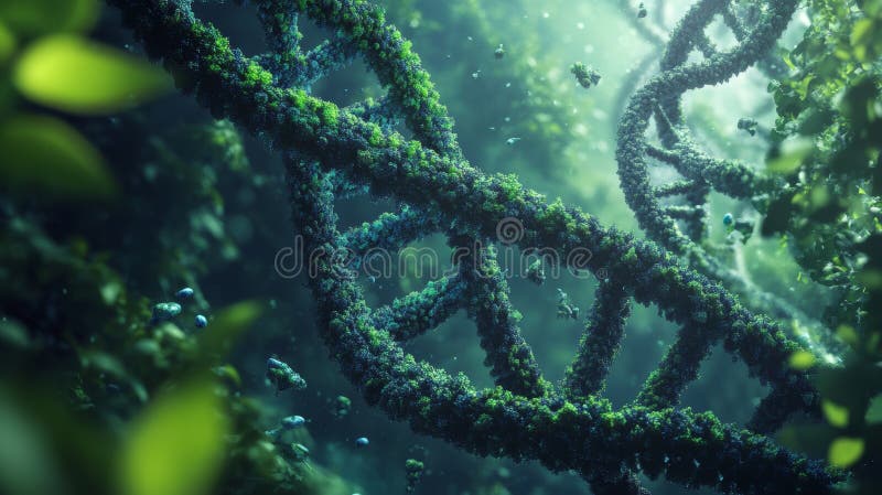 A captivating view of a DNA structure entwined with lush greenery, symbolizing the connection between nature and science stock illustration