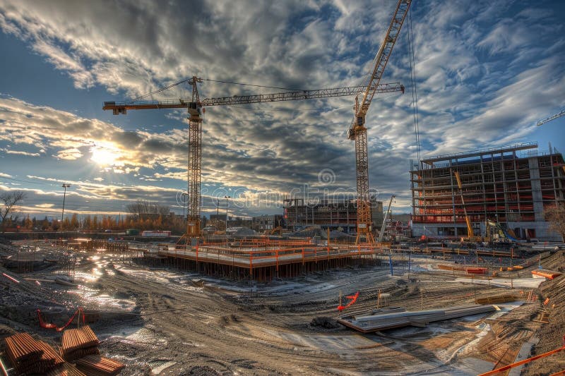 Captivating view of dynamic construction site featuring towering cranes in high quality image royalty free illustration