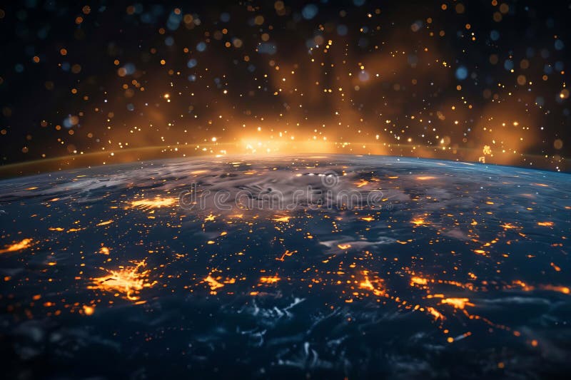 A captivating view of earth surrounded by space, stars, and distant tiny umbrellas royalty free illustration
