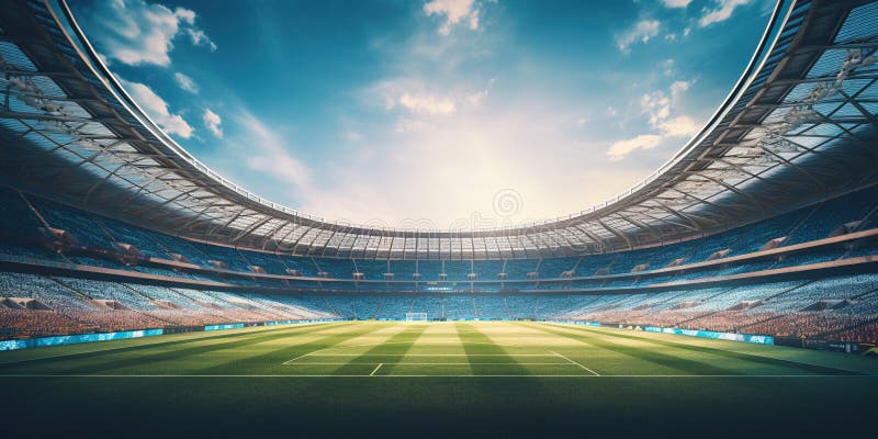 The captivating view of an empty soccer stadium, where the echoes of past cheers intertwine with the anticipation of royalty free illustration