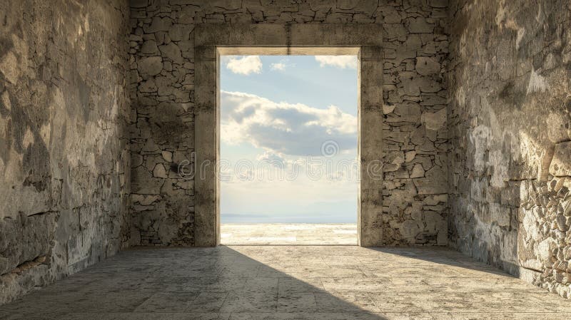 Captivating view of an empty stone walled room illuminated by light and shadow through a window stock illustration