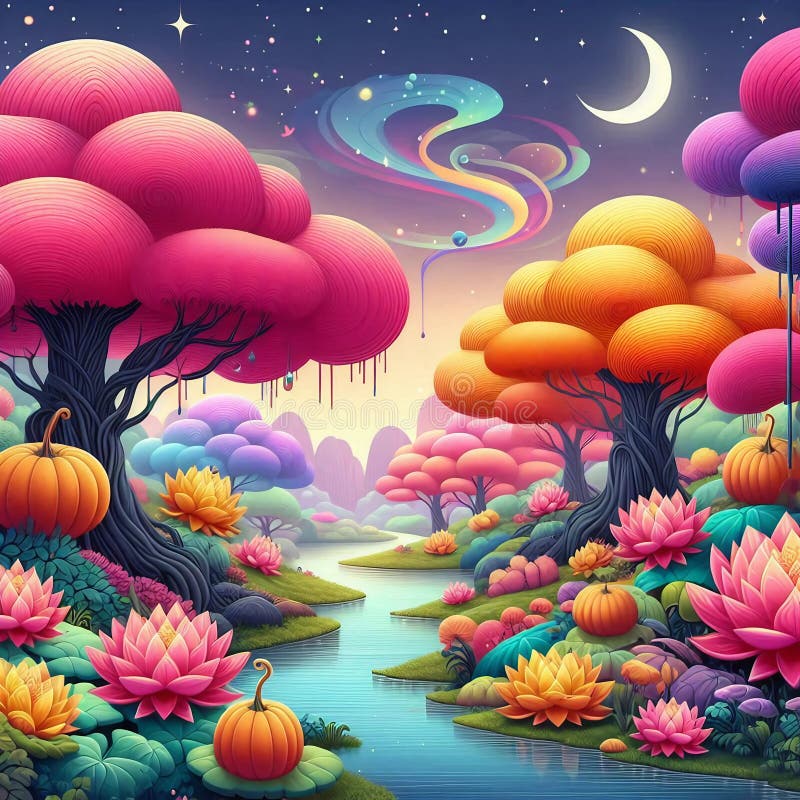 A captivating view of a fantastical world filled with multicolored trees, pumpkins, and a serene river under a twilight sky. royalty free illustration
