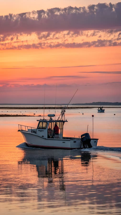 Captivating View of a Fishing Captain\'s Boat on the Serene Waters off Plum Island at Sunset vector illustration