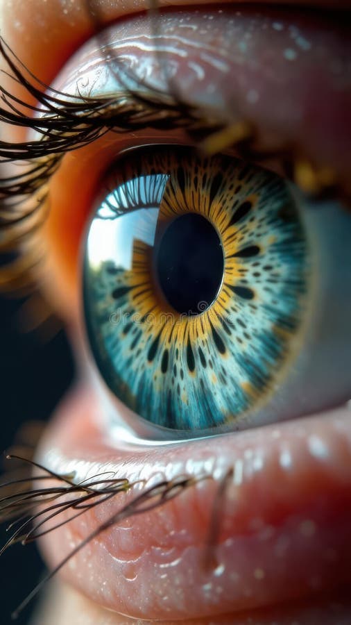 This captivating view focuses on a human eye showcasing a stunning swirl of blue and yellow hues around the pupil revealing royalty free illustration