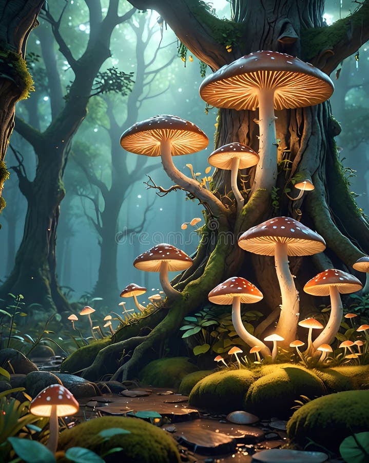A captivating view of a forest floor adorned with large, glowing mushrooms. stock illustration