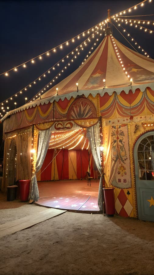 Captivating view inside a classic circus tent adorned with lit garlands. creating a magical atmosphere royalty free illustration