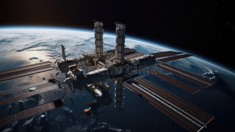 A Captivating View of the ISS, Moon, and Nebula. vector illustration