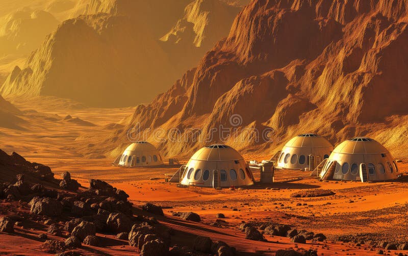 A captivating view of a Mars base with dome-shaped habitats, set against the backdrop of rugged, red rocky terrain and mountains royalty free illustration