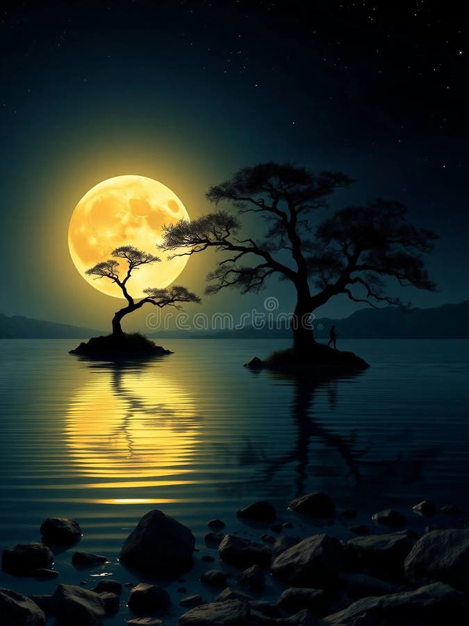 A captivating view of a moonlit tree on a small island, enhanced by the moon's reflection on the still water. vector illustration