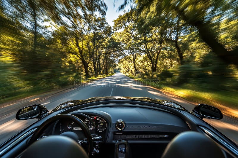 Captivating view from an open convertible racing down a scenic country road surrounded by trees vector illustration
