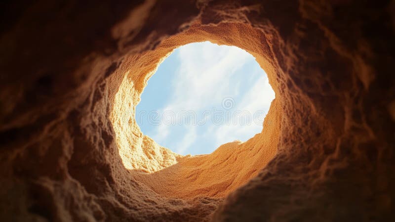A captivating view from a sand hole exploring a sunlit landscape beneath a bright blue sky stock illustration