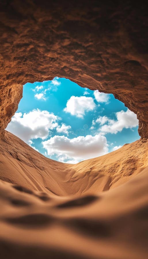 A captivating view from a sand hole gazing upwards at a bright sky with fluffy clouds royalty free illustration