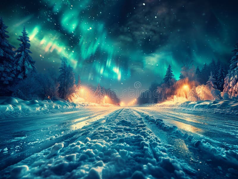 Captivating view of snowy road under the colorful aurora borealis, creating a magical winter landscape at night vector illustration