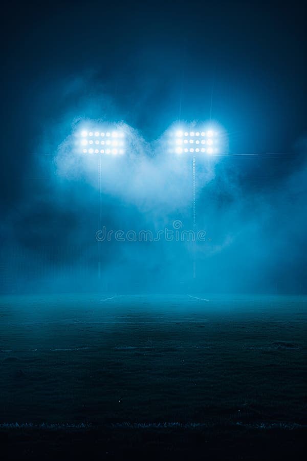 Captivating view of stadium lights amidst fog, evoking a dramatic nighttime sports atmosphere. AI Image stock illustration