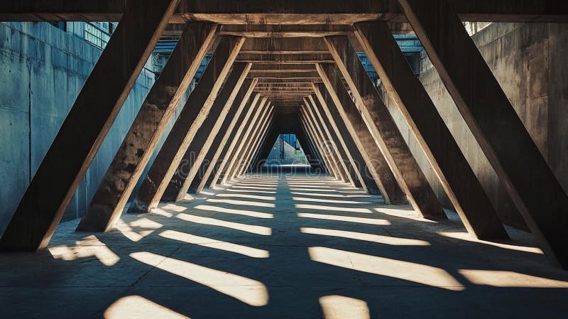 Captivating view of triangle steel beams creating dynamic shadows in corridor stock illustration