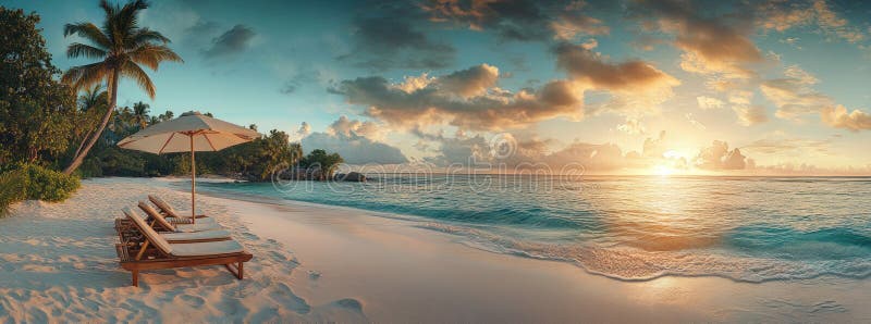A captivating view of a tropical beach with two chairs inviting you to relax under palm trees royalty free illustration