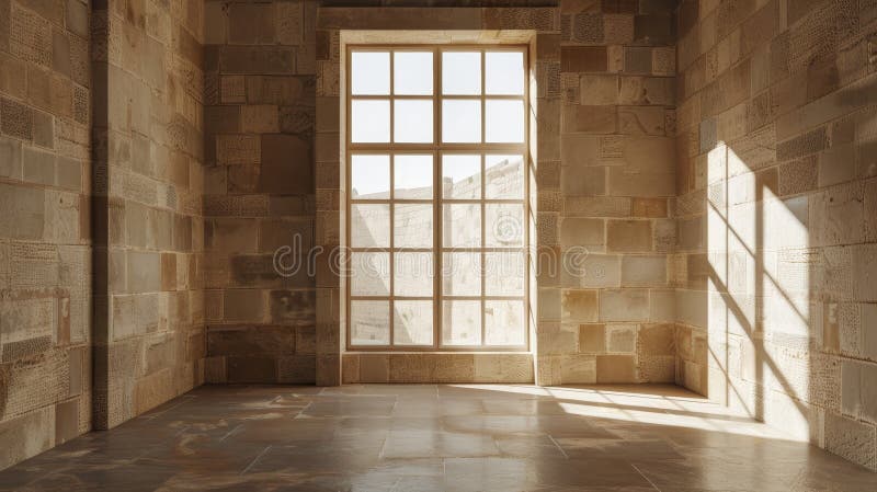 A captivating view of a vacant stone walled room illuminated by light and shadow through a window vector illustration