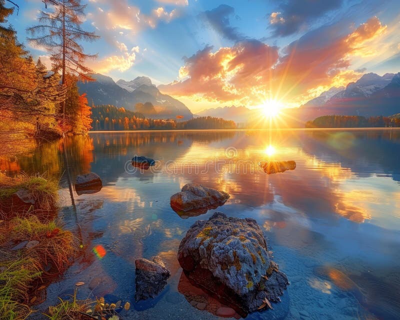 Captivating view of vibrant autumn sunset over hintersee lake on a sunny day, breathtaking scenery stock illustration