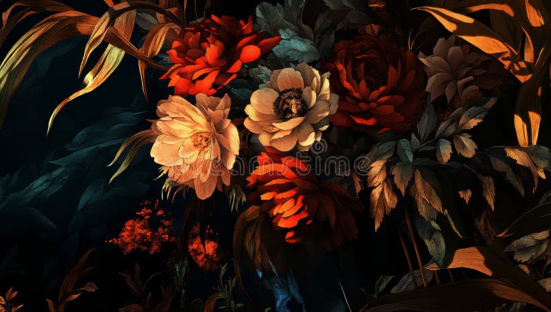 A captivating vintage botanical flower bunch showcases an array of timeless elegance and rich colors in a stunning royalty free stock photography