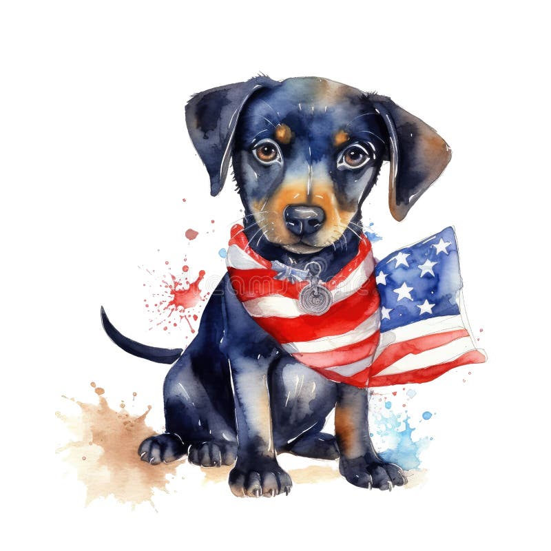 Captivating watercolor depiction of an adorable dog wrapped in the 4th of July American flag, blending patriotism and cuteness in