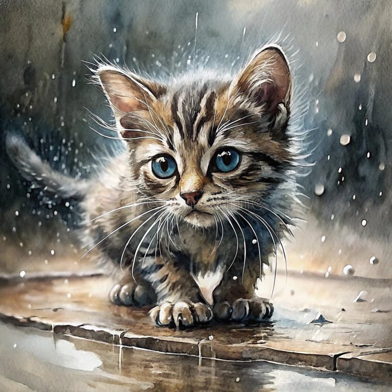 Captivating watercolor illustration of tiny stray kitten in the rain. Concept of protecting homeless animals stock illustration