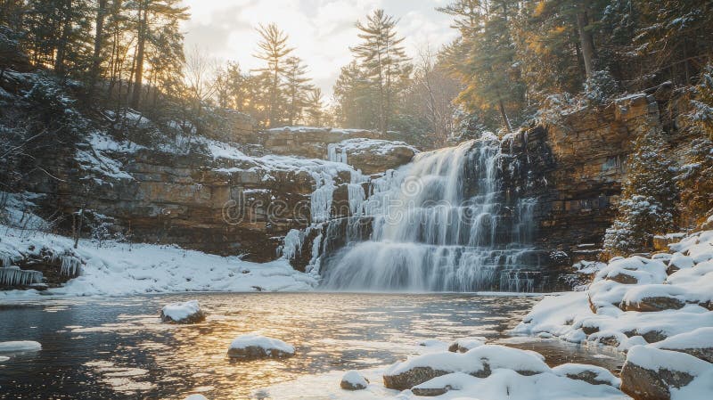 Captivating waterfall flows powerfully down rocks framed melting snow. mist rises as sunlight breaks through clouds royalty free stock photography