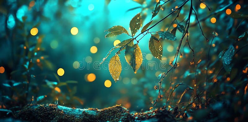 A captivating and whimsical ambiance is created by an enchanting teal and silver botanical pattern featuring luminous stock image