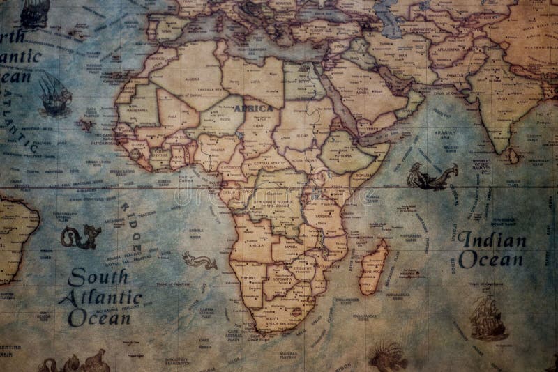 A closeup shot of Africa continent on a vintage map. A closeup shot of Africa continent on a vintage map