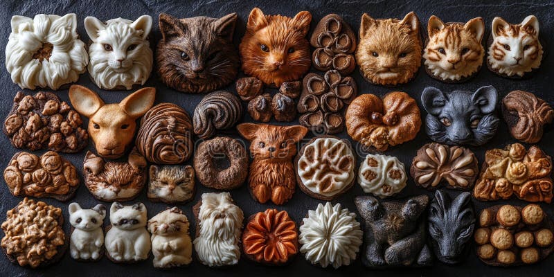 Capture d'écran d'un assortiment de biscuits en forme d'animal et de biscuits en forme de fleur sur une surface sombre illustration libre de droits