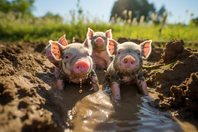 Joyful Piglets Frolicking in Muddy Patch - Adorable Stock Image vector illustration