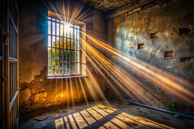 Captured Light Exploring a Dark Urban Space Illuminated by Sunlight Filtering Through a Barred Window A Stunning Urban stock illustration
