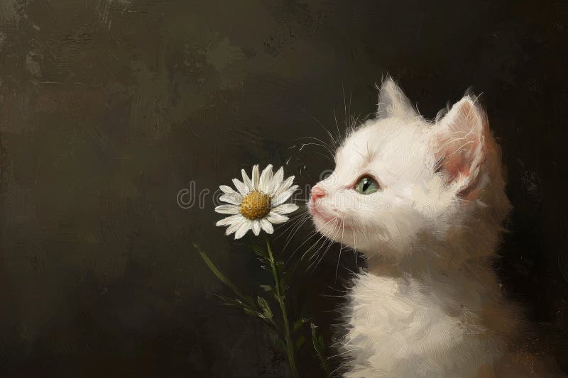 It captures the essence of innocence and wonder as it gazes curiously at a delicate daisy in a dreamy, softly lit stock illustration