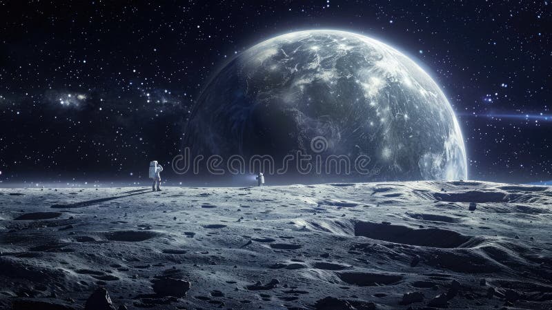 Capturing desolate beauty, Panoramic moon horizon with space module and distant astronauts in a vast landscape. Moon royalty free stock photos
