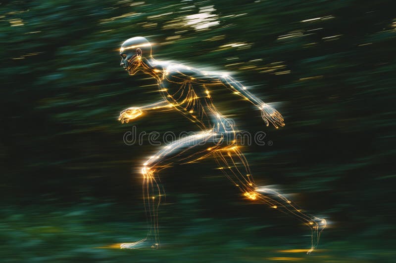 Dynamic Figure in Motion Illuminated by Streaks of Light in a Lush Setting. Generative AI royalty free illustration