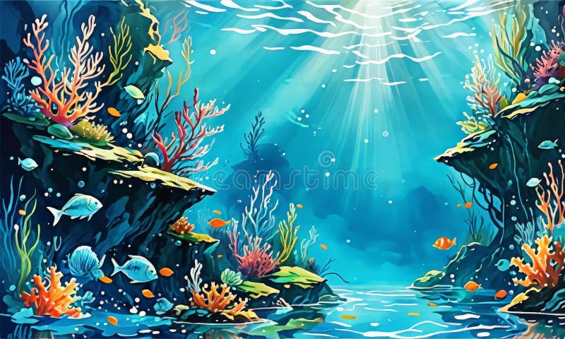 Underwater background with corals and fishes stock illustration